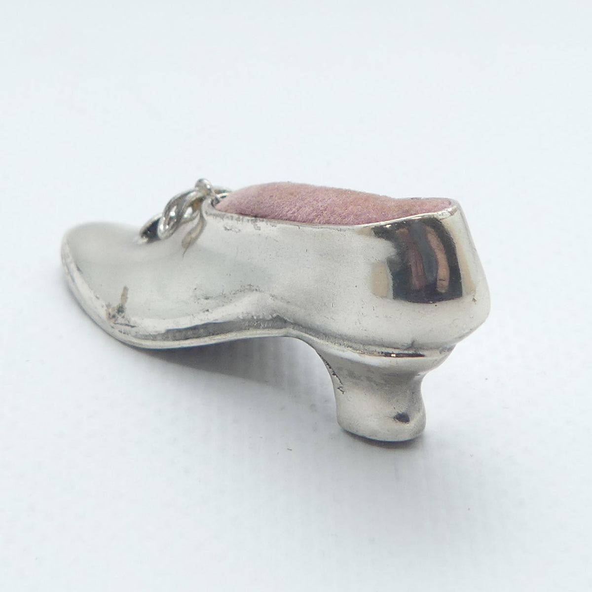 Fine quality Edwardian era Silver Plate slipper pin cushion | Pink Cushion