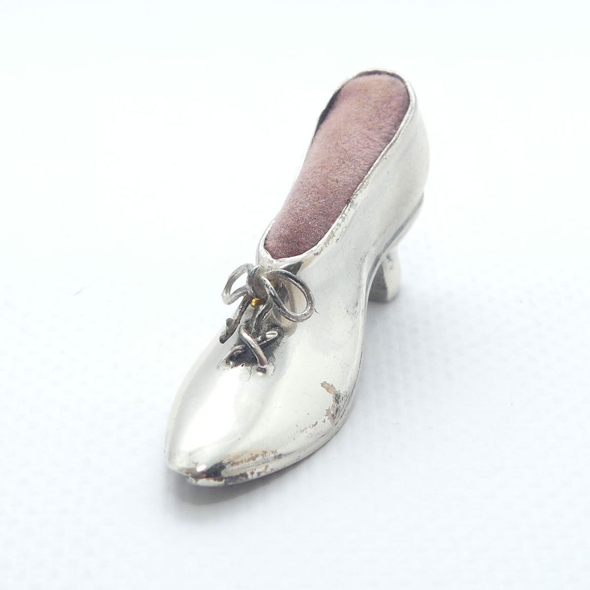 Fine quality Edwardian era Silver Plate slipper pin cushion | Pink Cushion