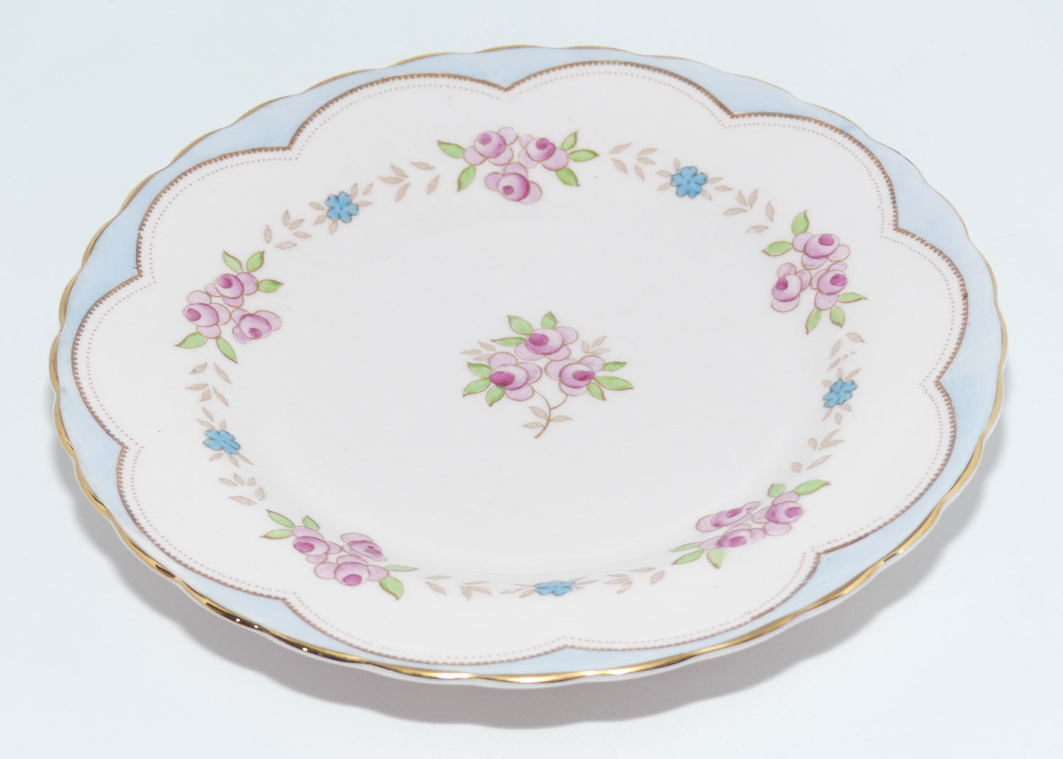 Tuscan Fine English Bone China Pretty Pink Rosebuds trio | Blue trim | large plate