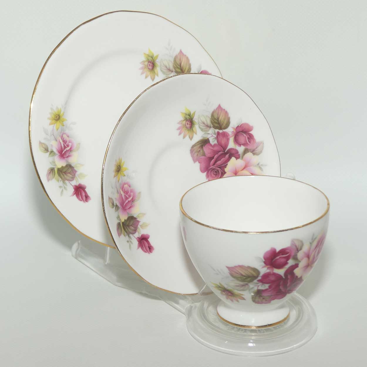 Queen Anne Bone China varied Roses pattern trio