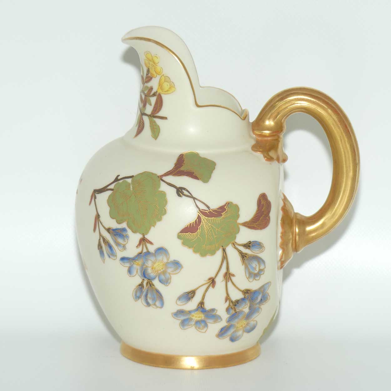 Royal Worcester Blush Ivory hand painted pink and blue floral smaller flatback jug (signed BN)