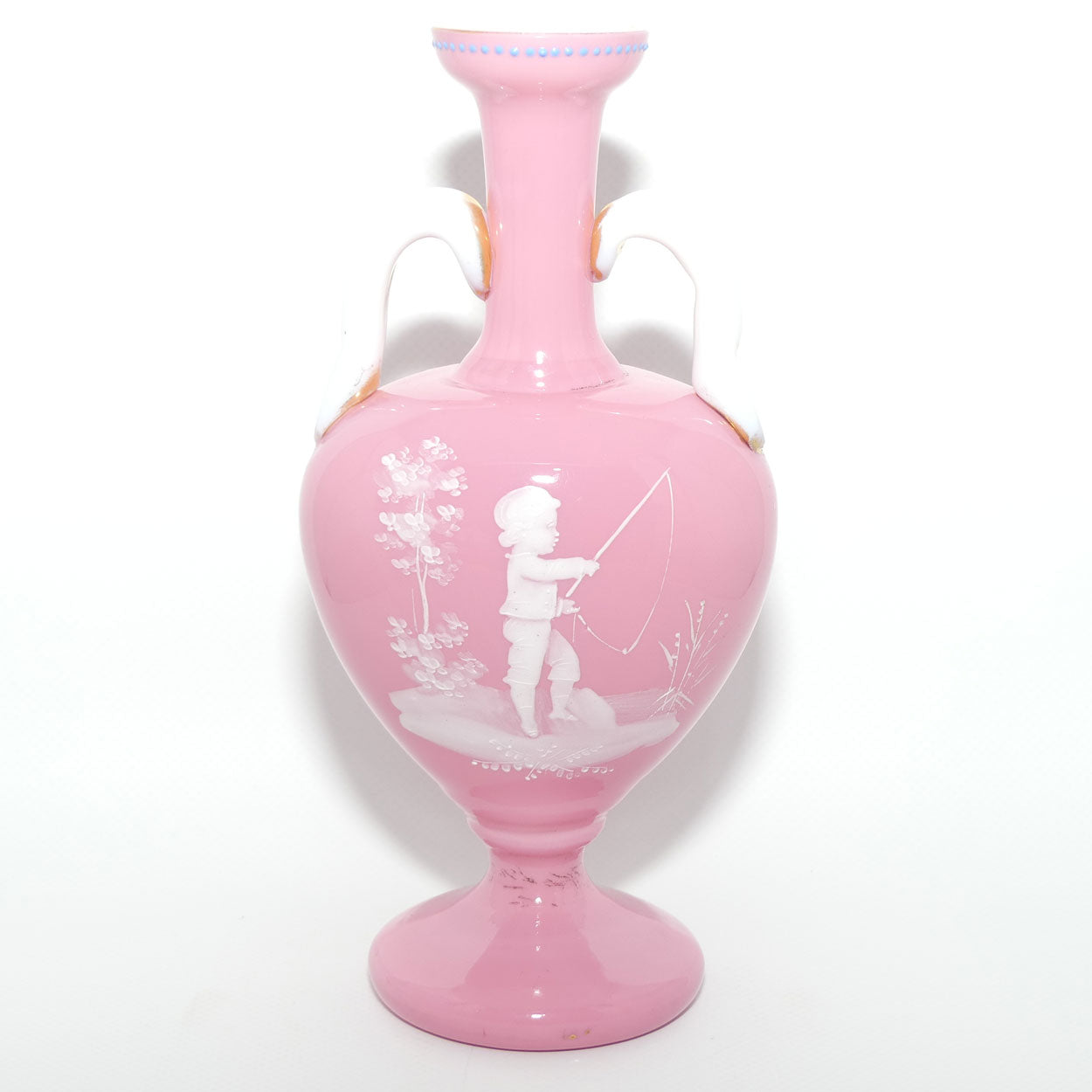 Mary Gregory on Pink Overlay glass twin handle vase | Boy Fishing