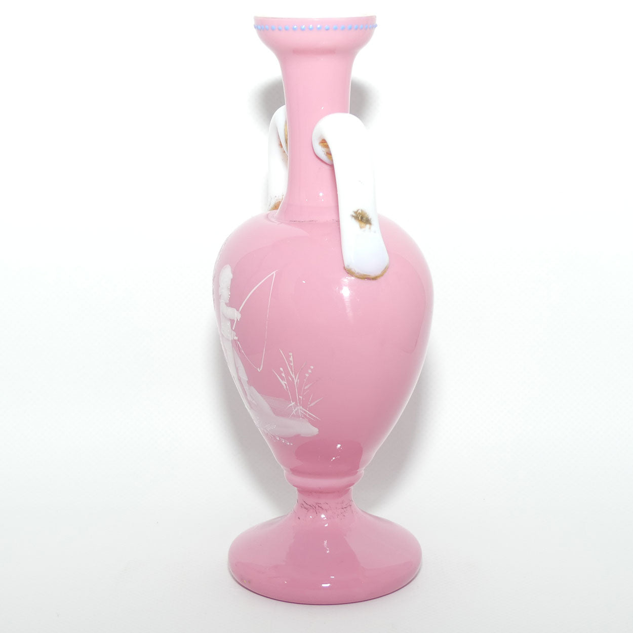Mary Gregory on Pink Overlay glass twin handle vase | Boy Fishing