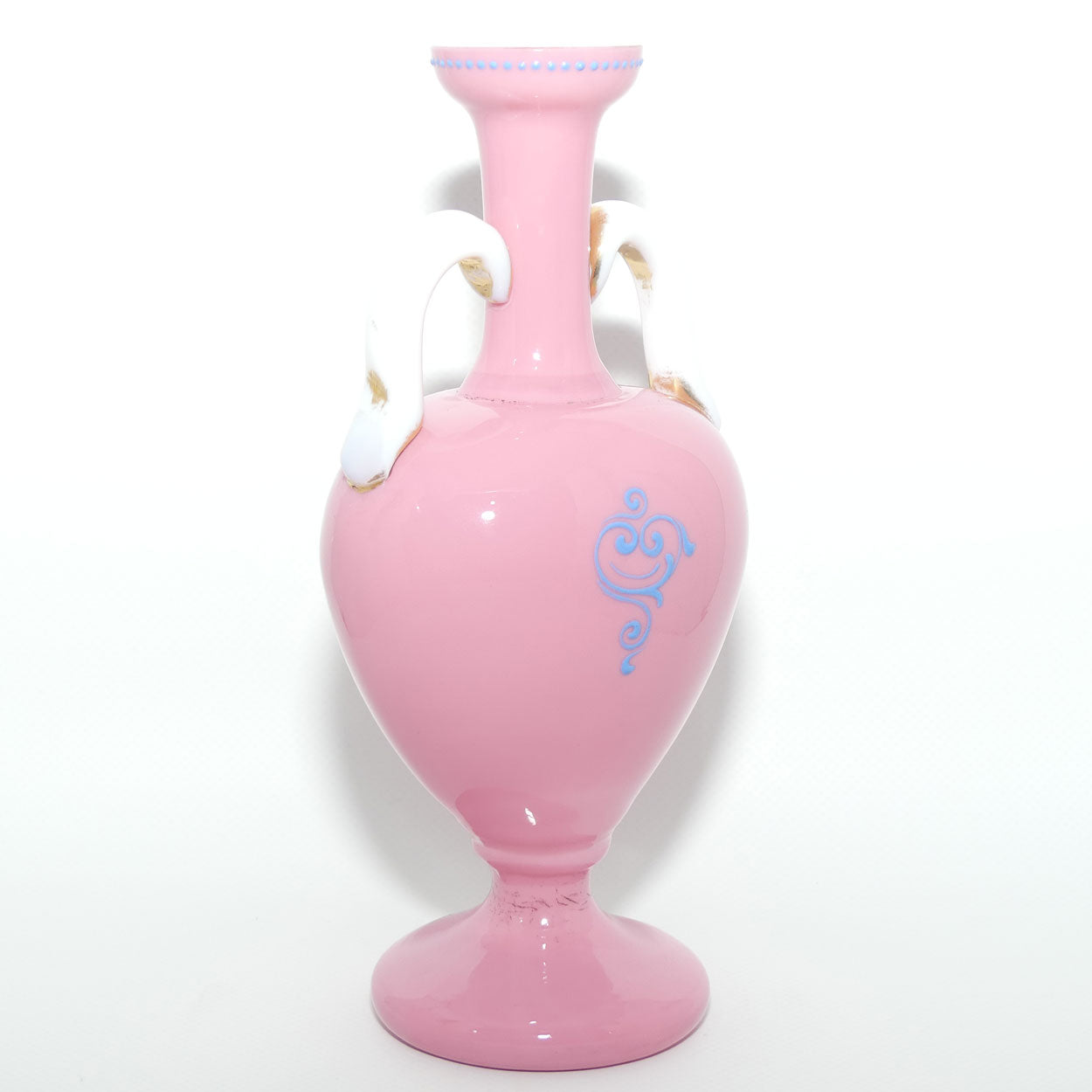 Mary Gregory on Pink Overlay glass twin handle vase | Boy Fishing