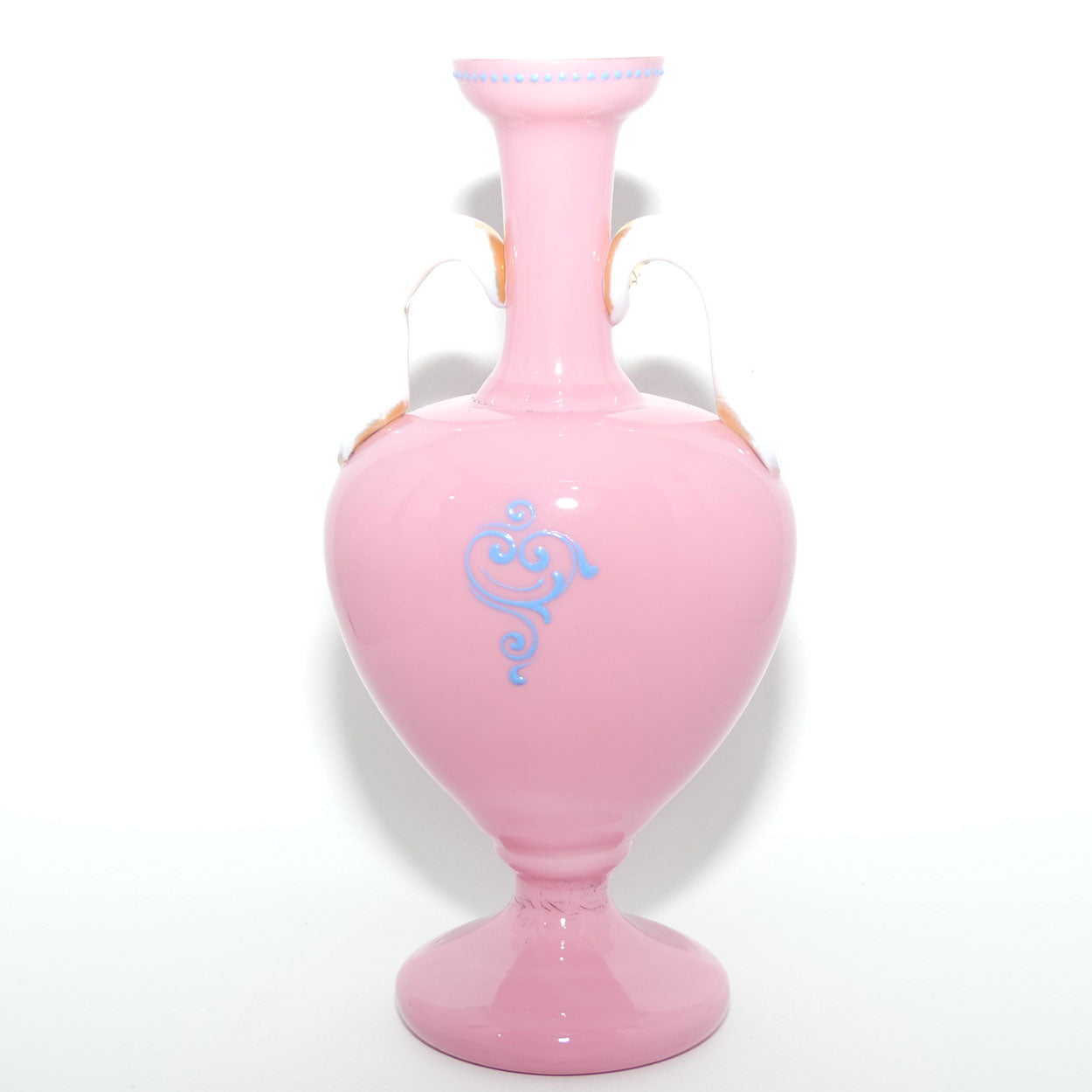 Mary Gregory on Pink Overlay glass twin handle vase | Boy Fishing
