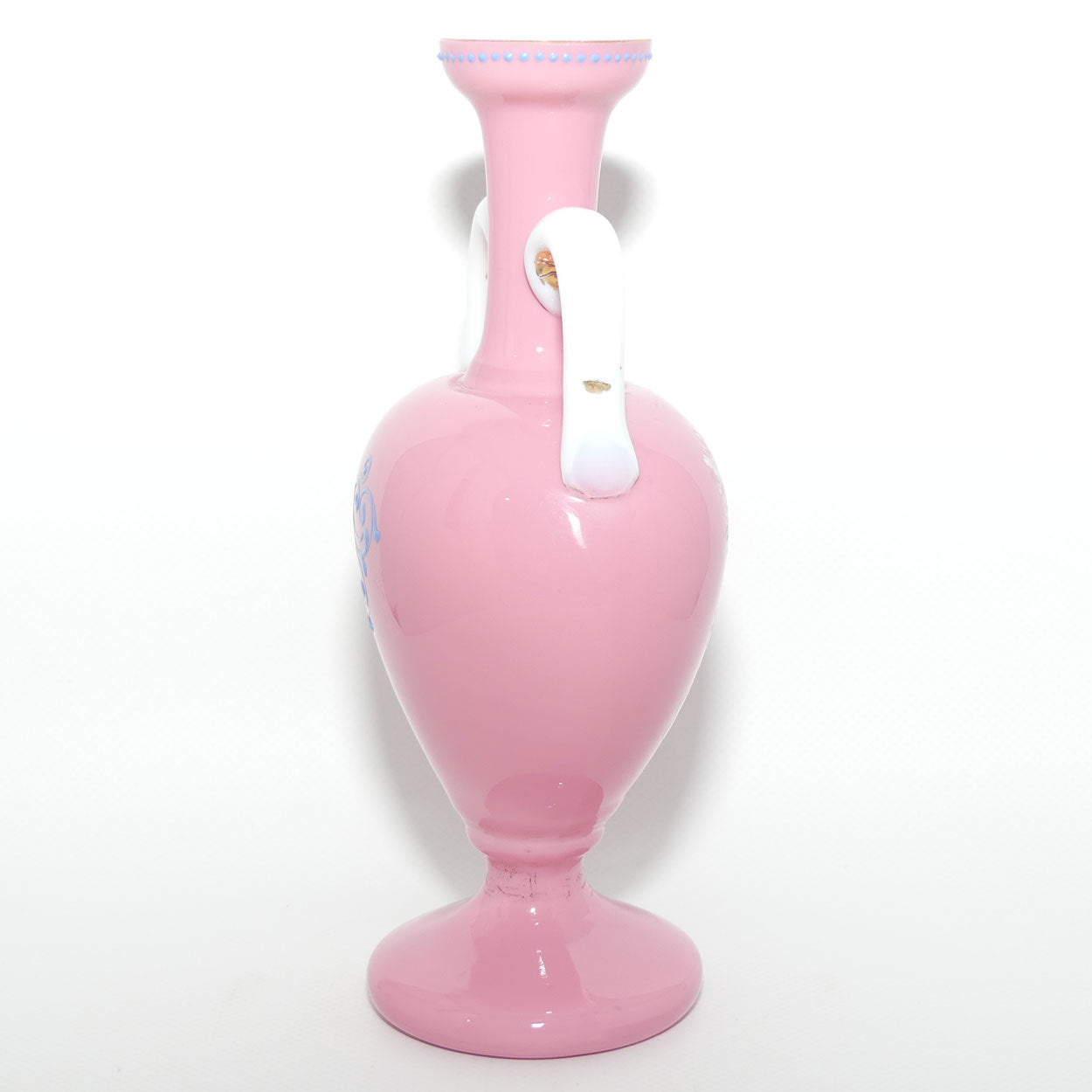 Mary Gregory on Pink Overlay glass twin handle vase | Boy Fishing