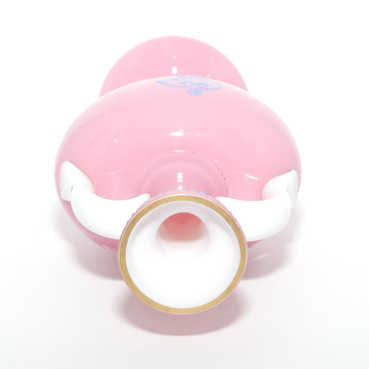 Mary Gregory on Pink Overlay glass twin handle vase | Boy Fishing