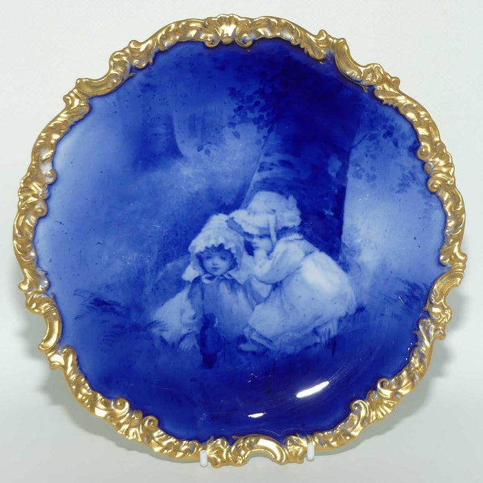 Doulton Burslem Blue Childrens fancy plate with gilt border | Two girls & tiny witch