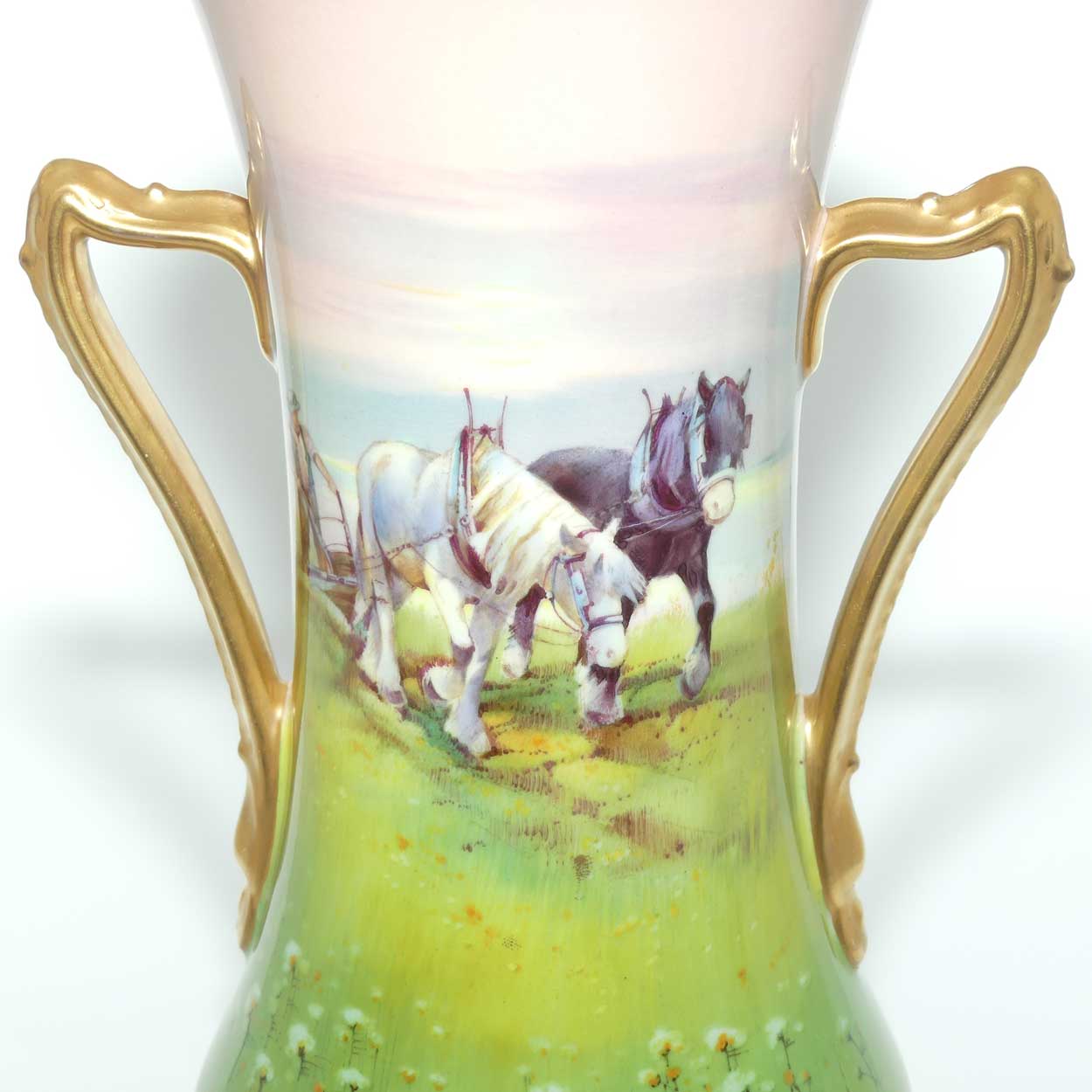 Royal Doulton hand painted Farmer Ploughing and Heavy Horses twin handle vase