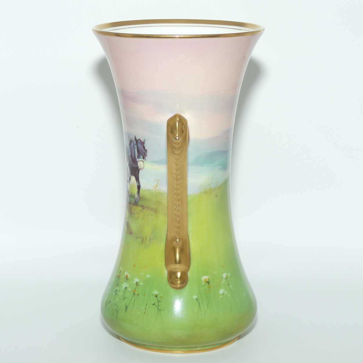 Royal Doulton hand painted Farmer Ploughing and Heavy Horses twin handle vase