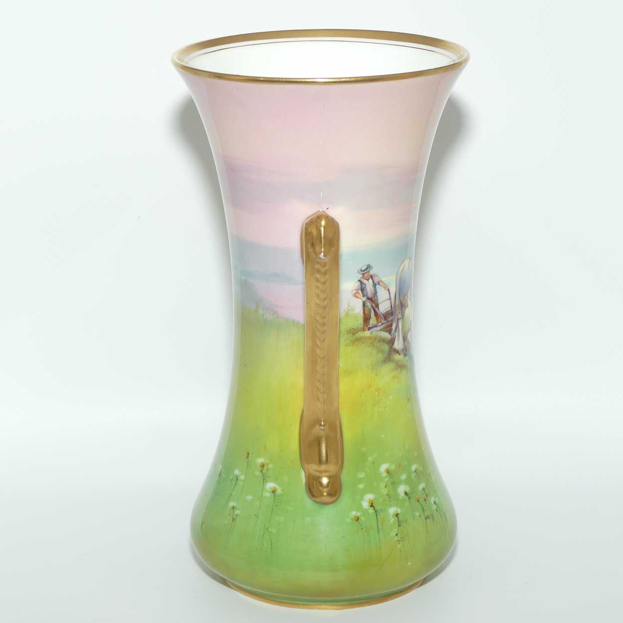 Royal Doulton hand painted Farmer Ploughing and Heavy Horses twin handle vase