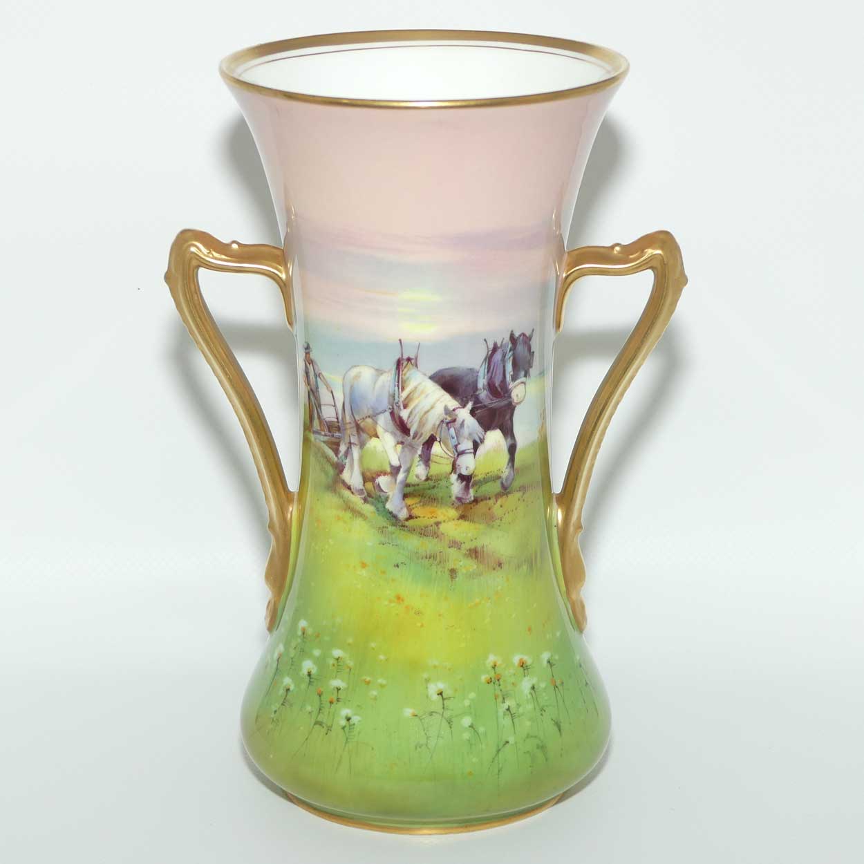 Royal Doulton hand painted Farmer Ploughing and Heavy Horses twin handle vase