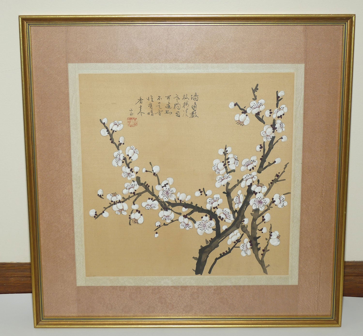 Framed Painting on Silk | Traditional Chinese Ink and Wash painting featuring White Plum Blossoms
