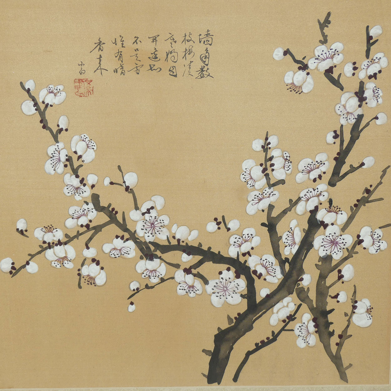 Framed Painting on Silk | Traditional Chinese Ink and Wash painting featuring White Plum Blossoms