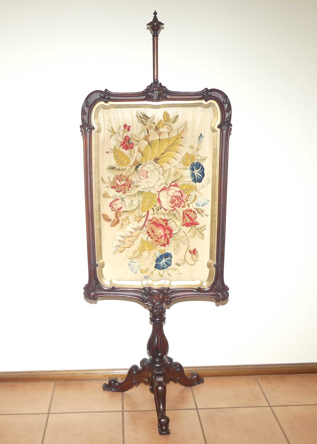 Victorian era Rosewood Floral tapestry Pole Screen on tripod base