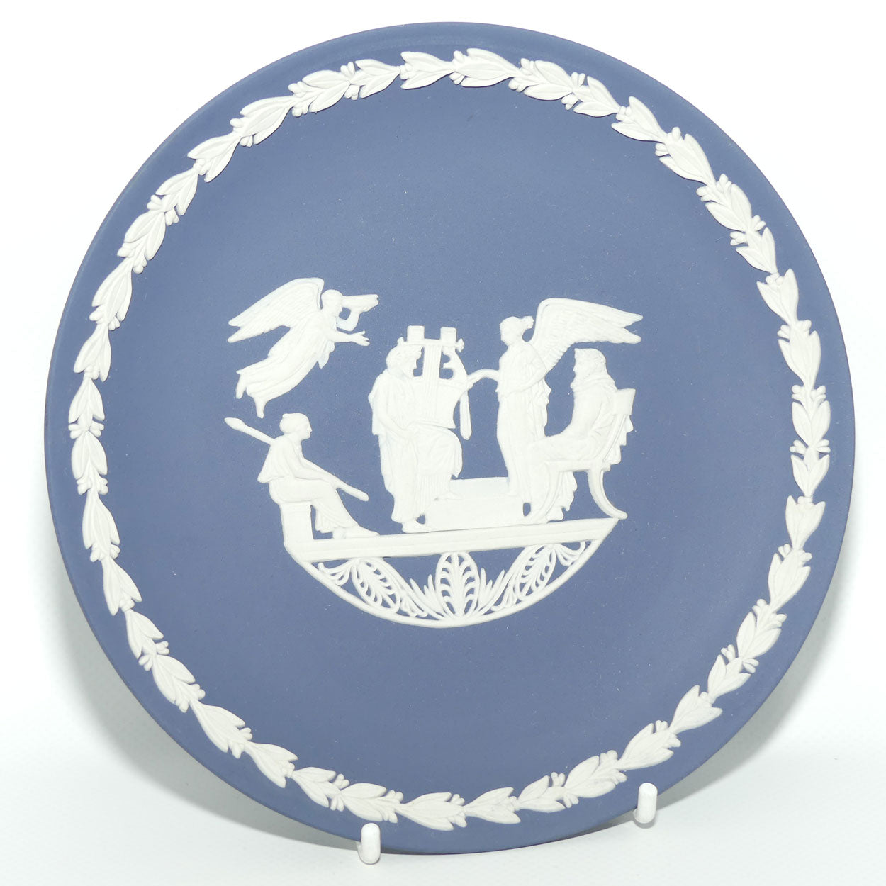 Wedgwood Jasper | White on Portland Blue plate | Seated Roman, 3 Angels and Harpist | #2 | 16.7cm diam