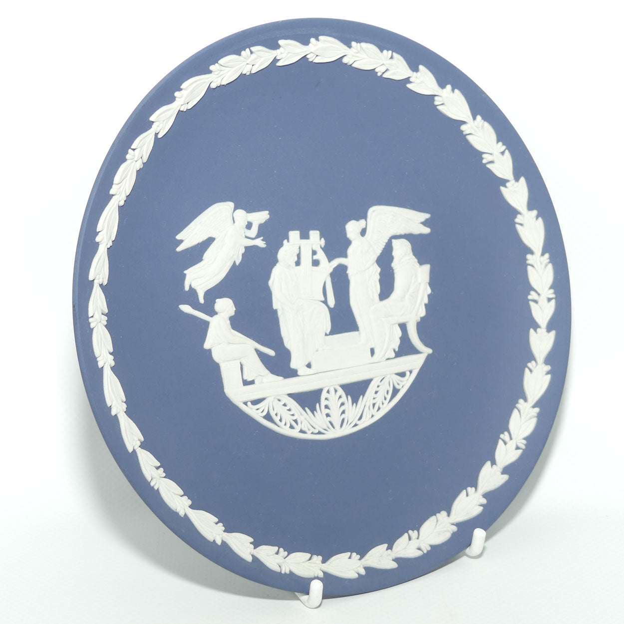 Wedgwood Jasper | White on Portland Blue plate | Seated Roman, 3 Angels and Harpist | #2 | 16.7cm diam