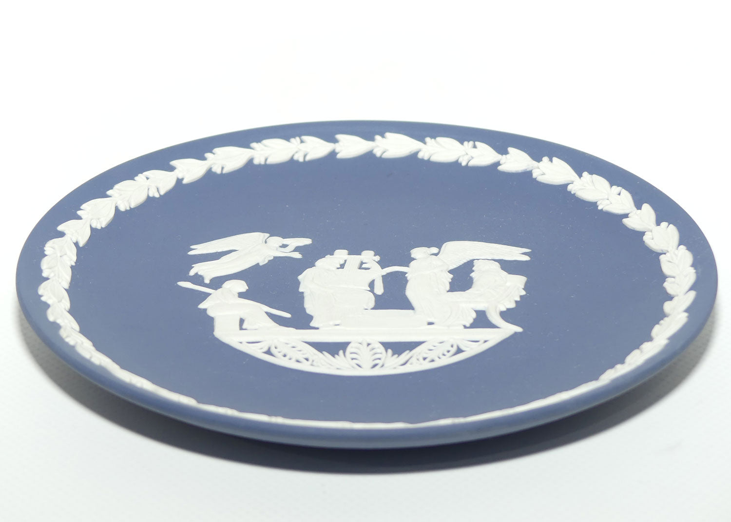 Wedgwood Jasper | White on Portland Blue plate | Seated Roman, 3 Angels and Harpist | #2 | 16.7cm diam