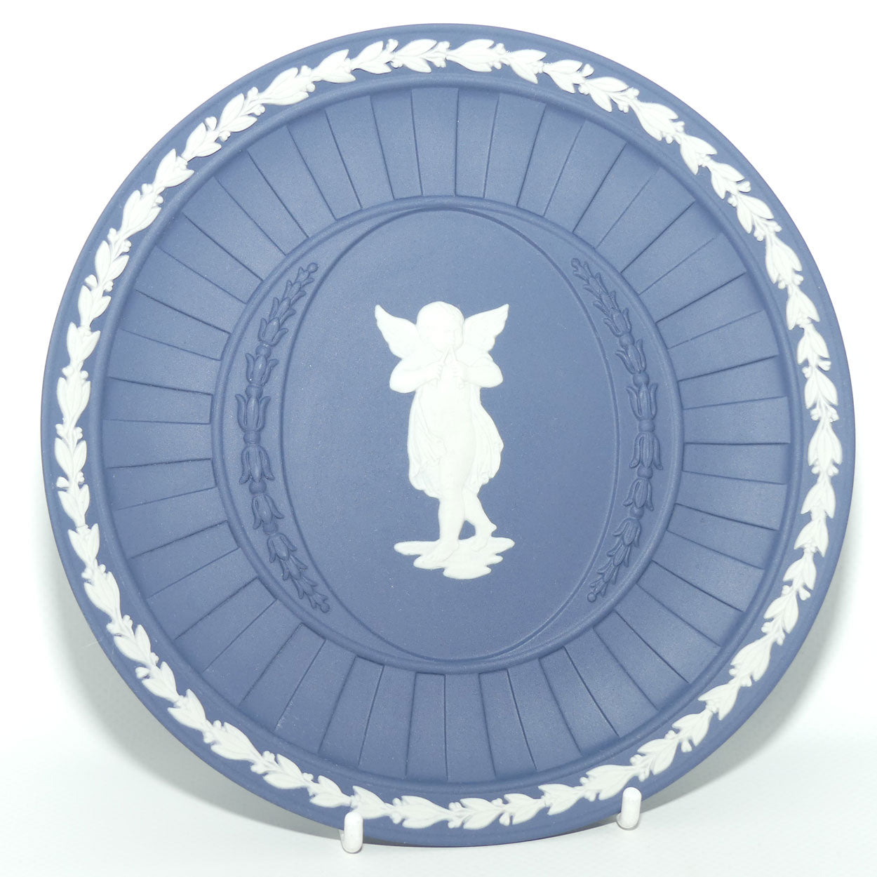 Wedgwood Jasper | White on Portland Blue plate | Cherub playing Dual Trumpets | 16.8cm diam
