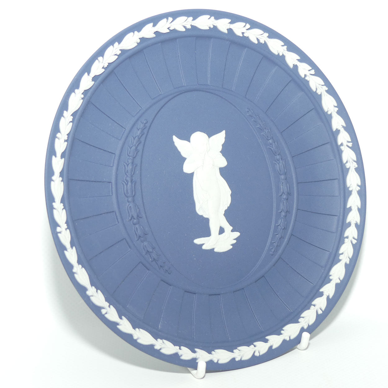 Wedgwood Jasper | White on Portland Blue plate | Cherub playing Dual Trumpets | 16.8cm diam