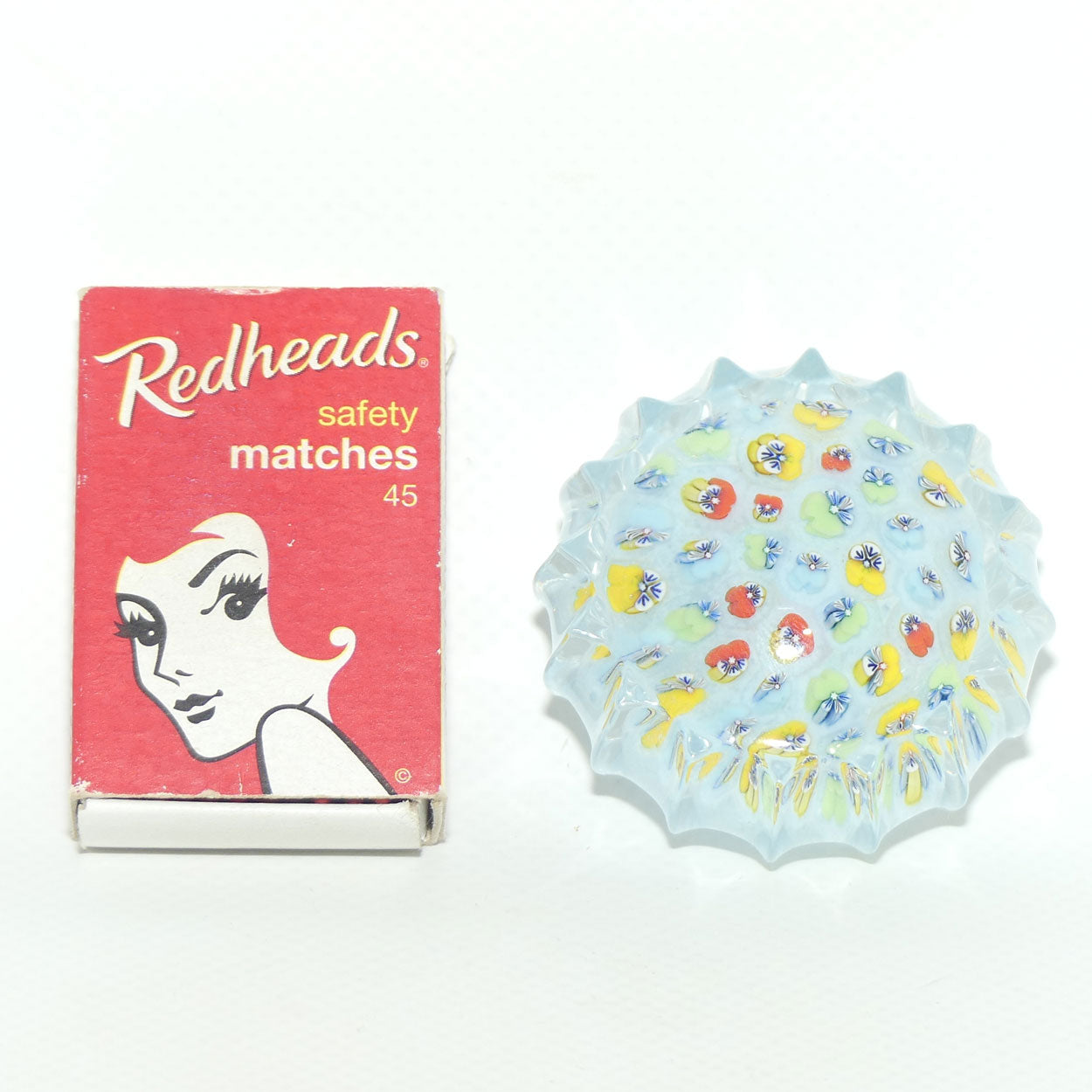 John Deacons Scotland Millefiori Pansy miniature paperweight | Powder Blue | Ribbed