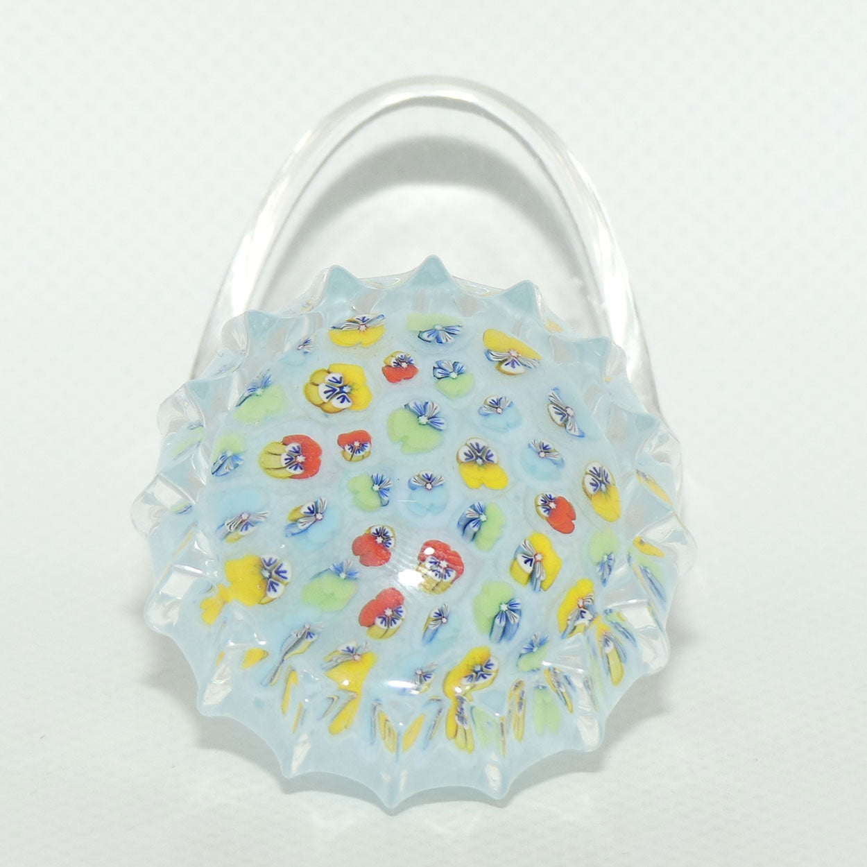John Deacons Scotland Millefiori Pansy miniature paperweight | Powder Blue | Ribbed