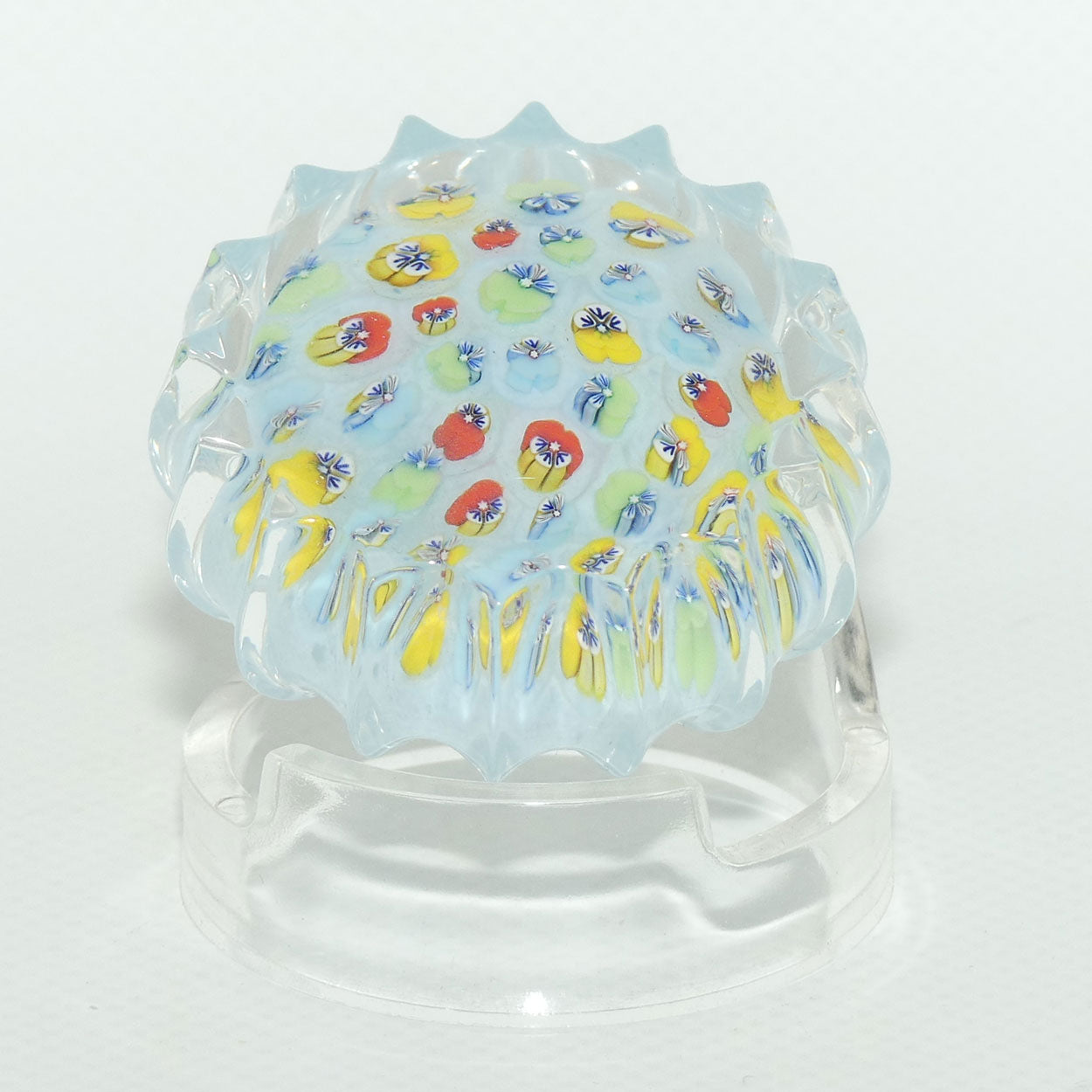 John Deacons Scotland Millefiori Pansy miniature paperweight | Powder Blue | Ribbed