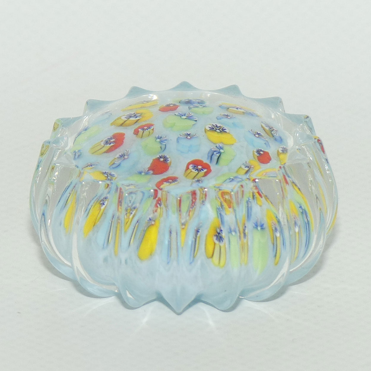 John Deacons Scotland Millefiori Pansy miniature paperweight | Powder Blue | Ribbed