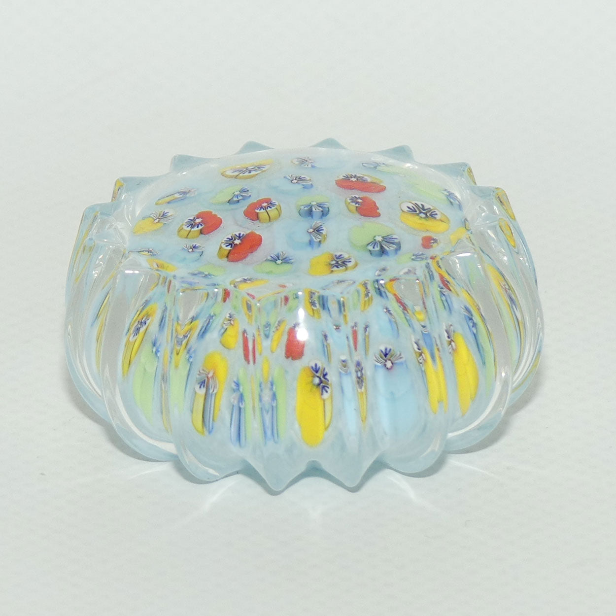 John Deacons Scotland Millefiori Pansy miniature paperweight | Powder Blue | Ribbed