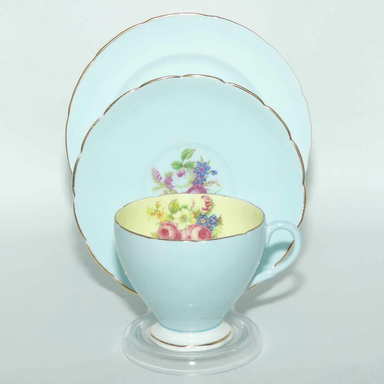 EB Foley Bone China Floral Spray trio | Pale Blue ground with Yellow Interior