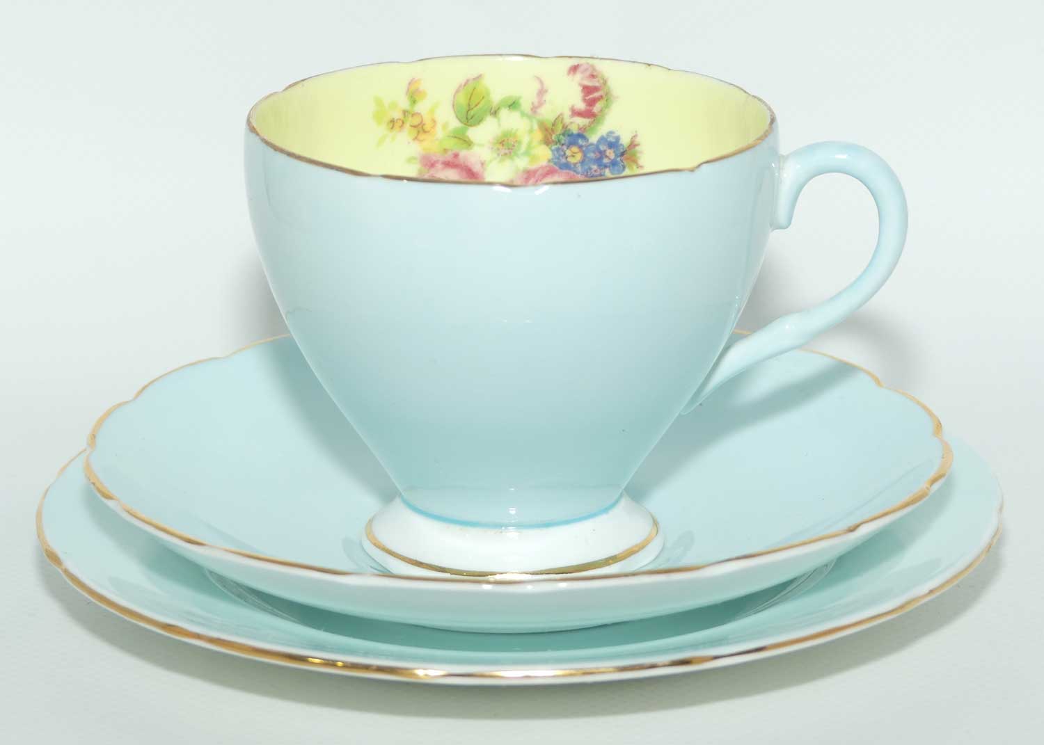 EB Foley Bone China Floral Spray trio | Pale Blue ground with Yellow Interior