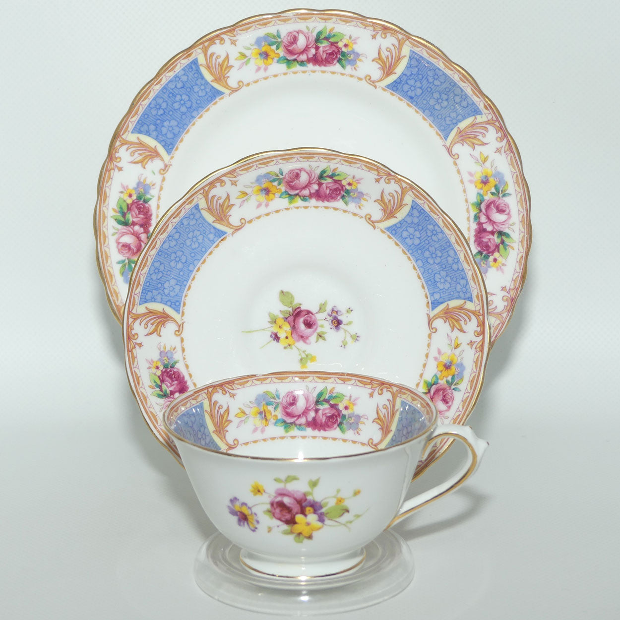Tuscan Bone China Blue Border with Floral panels trio