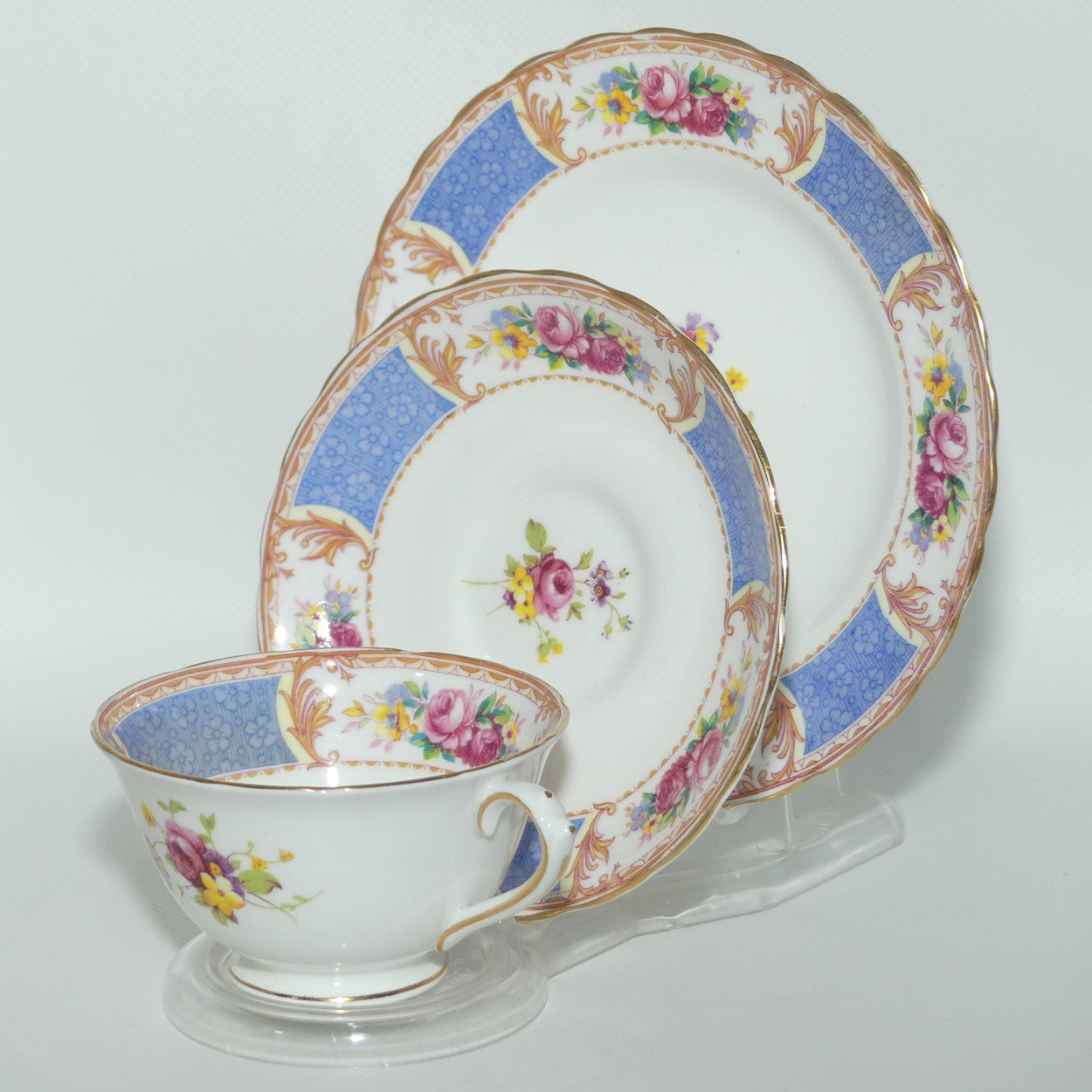 Tuscan Bone China Blue Border with Floral panels trio
