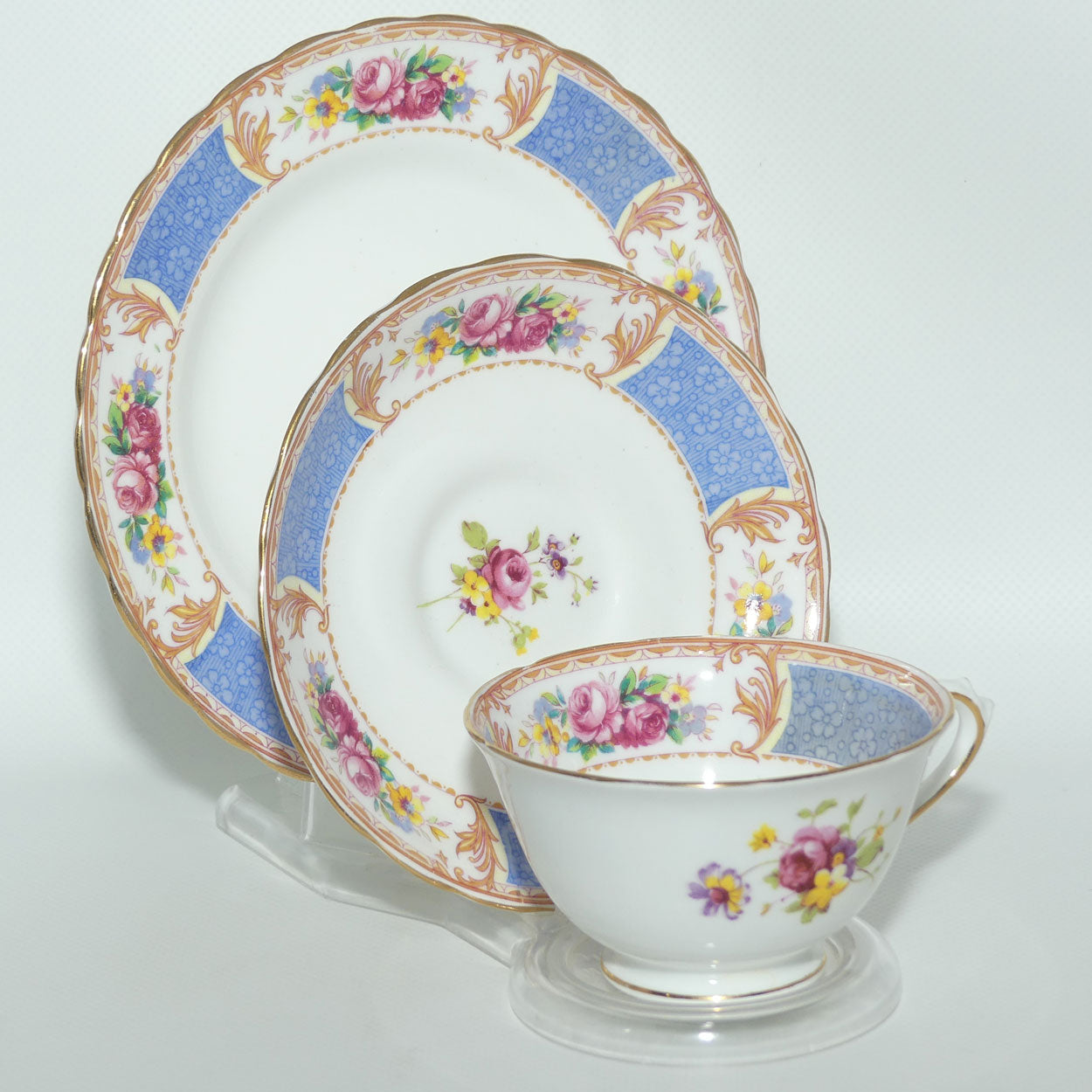 Tuscan Bone China Blue Border with Floral panels trio