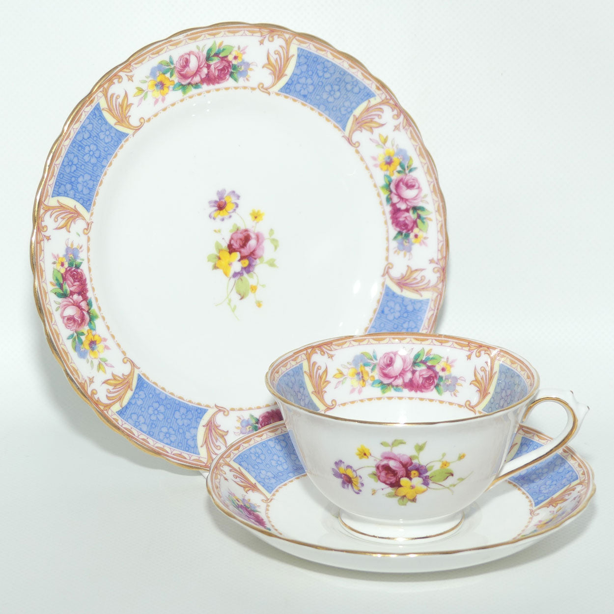 Tuscan Bone China Blue Border with Floral panels trio