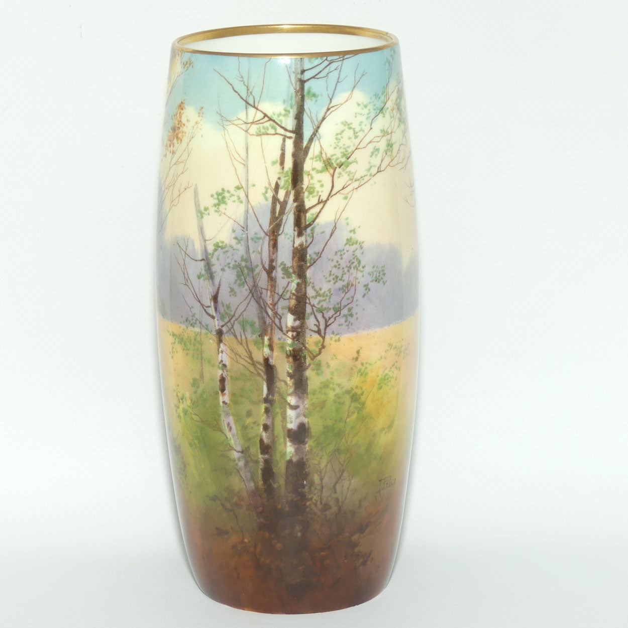 Royal Doulton hand painted & gilt Trees cylindrical vase (Price)