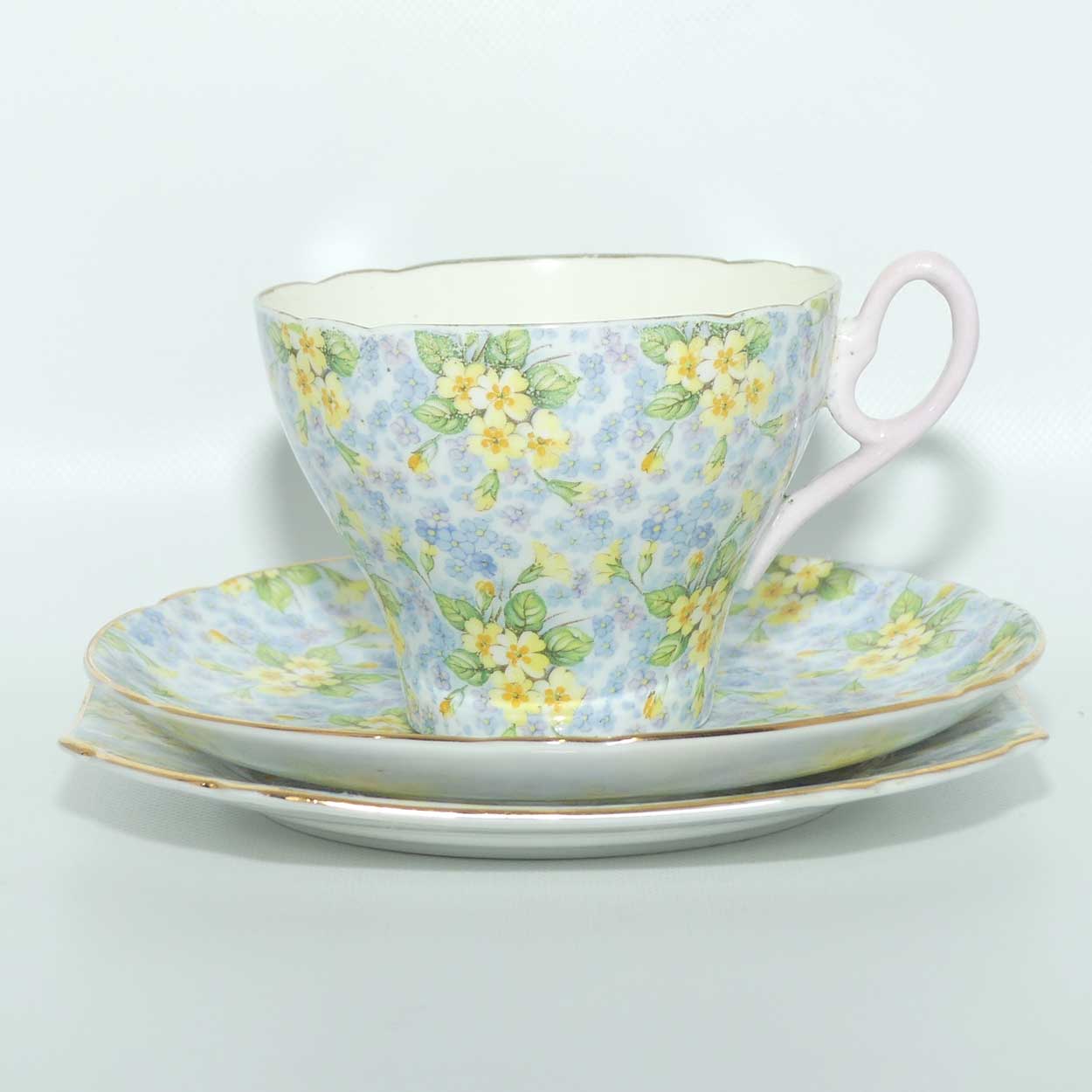 美品 Shelley Primrose プリムローズ チンツ ラウンド ケーキ皿 レア Shelley グリーントリム ピンクローズ パンジー ケーキプレート 食器