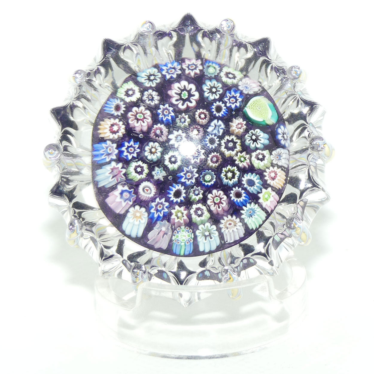 John Deacons Scotland Closepack Millefiori paperweight | Ribbed Latticino edge | Dark Amethyst