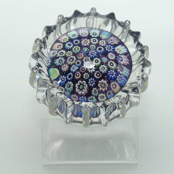 John Deacons Scotland Closepack Millefiori paperweight | Ribbed Latticino edge | Dark Amethyst