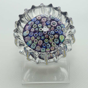 John Deacons Scotland Closepack Millefiori paperweight | Ribbed Latticino edge | Dark Amethyst