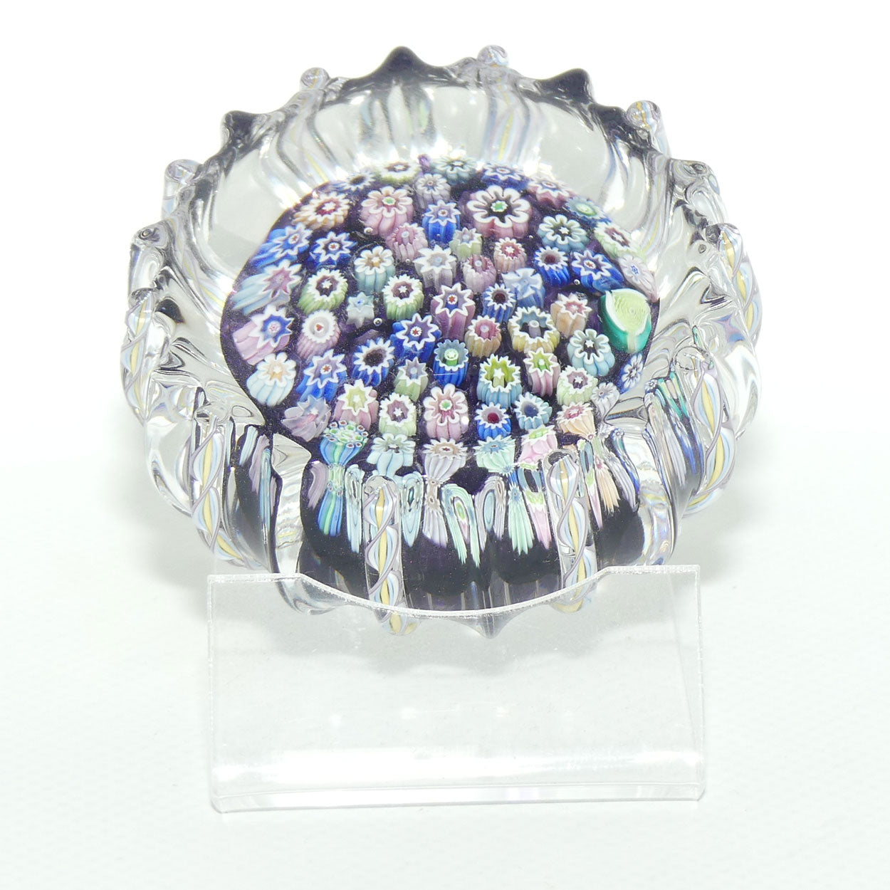 John Deacons Scotland Closepack Millefiori paperweight | Ribbed Latticino edge | Dark Amethyst