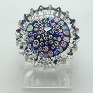 John Deacons Scotland Closepack Millefiori paperweight | Ribbed Latticino edge | Dark Amethyst