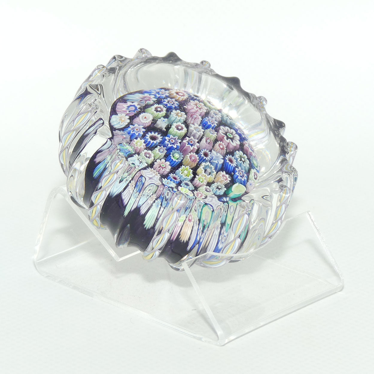 John Deacons Scotland Closepack Millefiori paperweight | Ribbed Latticino edge | Dark Amethyst