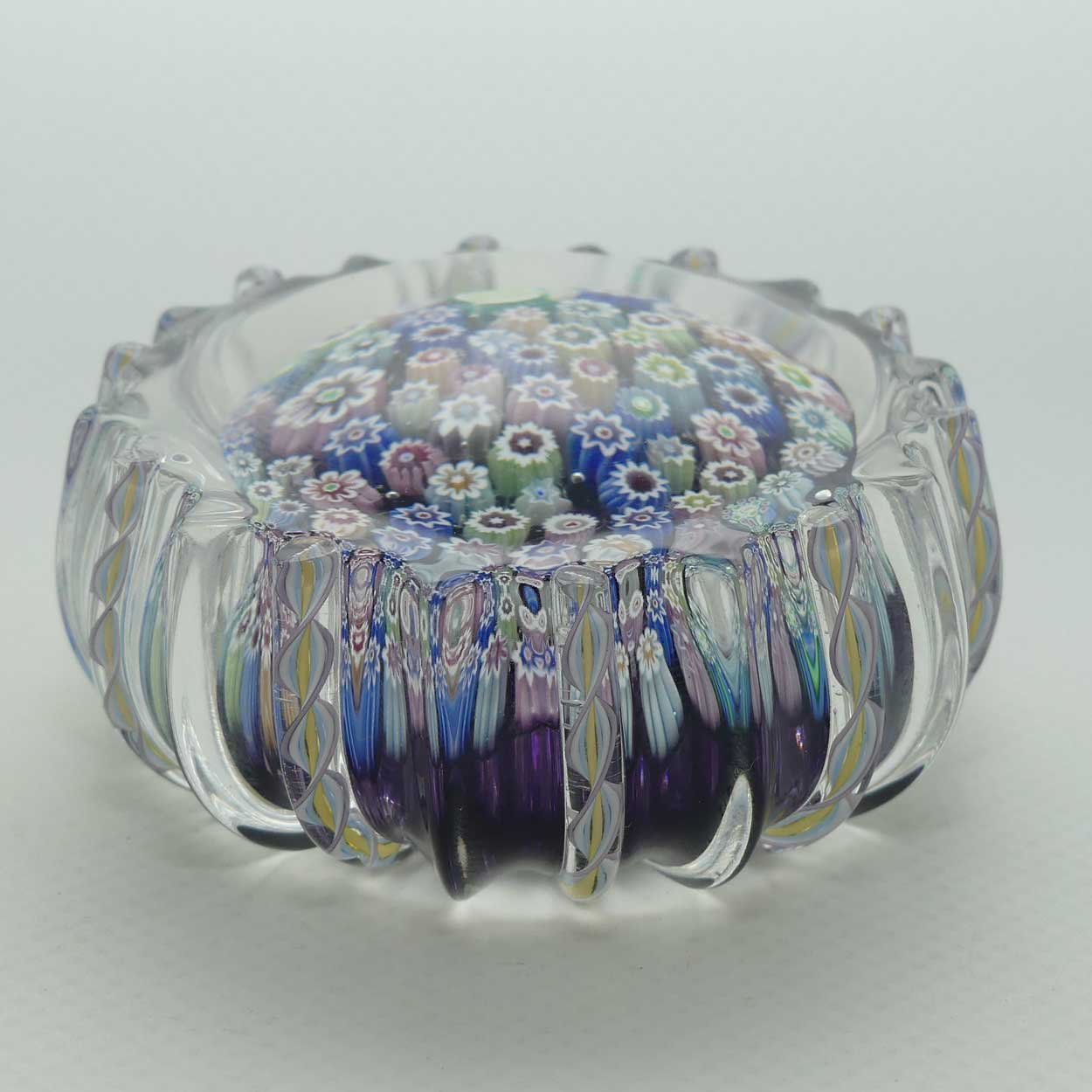 John Deacons Scotland Closepack Millefiori paperweight | Ribbed Latticino edge | Dark Amethyst