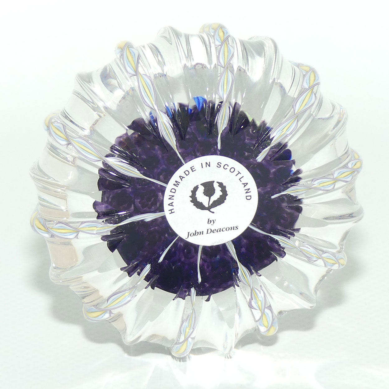 John Deacons Scotland Closepack Millefiori paperweight | Ribbed Latticino edge | Dark Amethyst