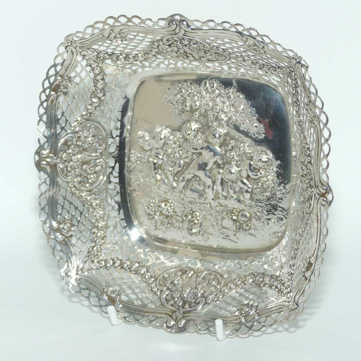 German 800 Silver  beautiful reticulated dish depicting Putti at Play