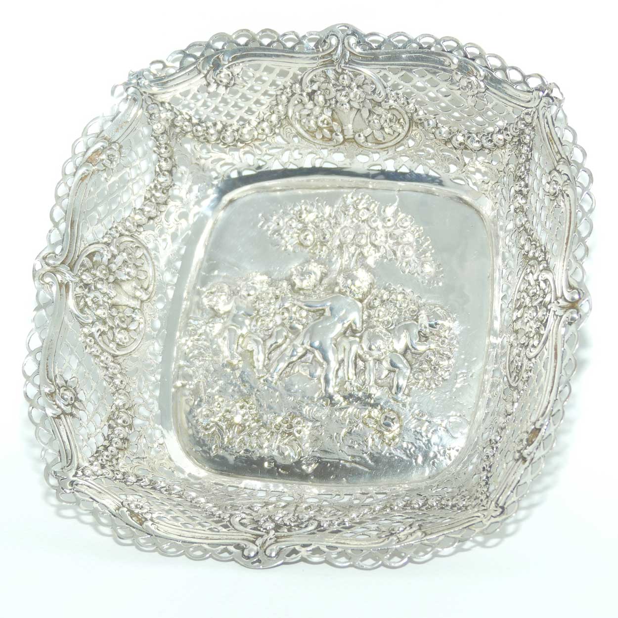 German 800 Silver  beautiful reticulated dish depicting Putti at Play