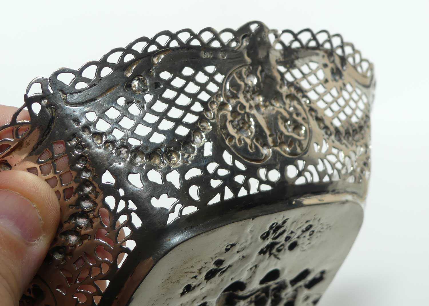 German 800 Silver  beautiful reticulated dish depicting Putti at Play