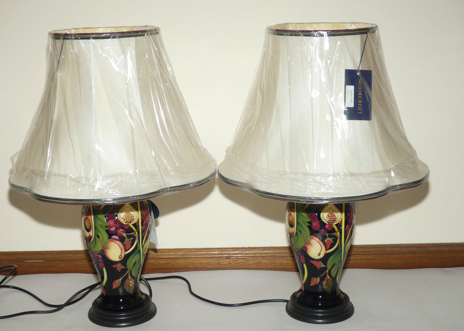 Moorcroft pair of Lamps and Silk Shades | Queens Choice pattern | Shape 46/10