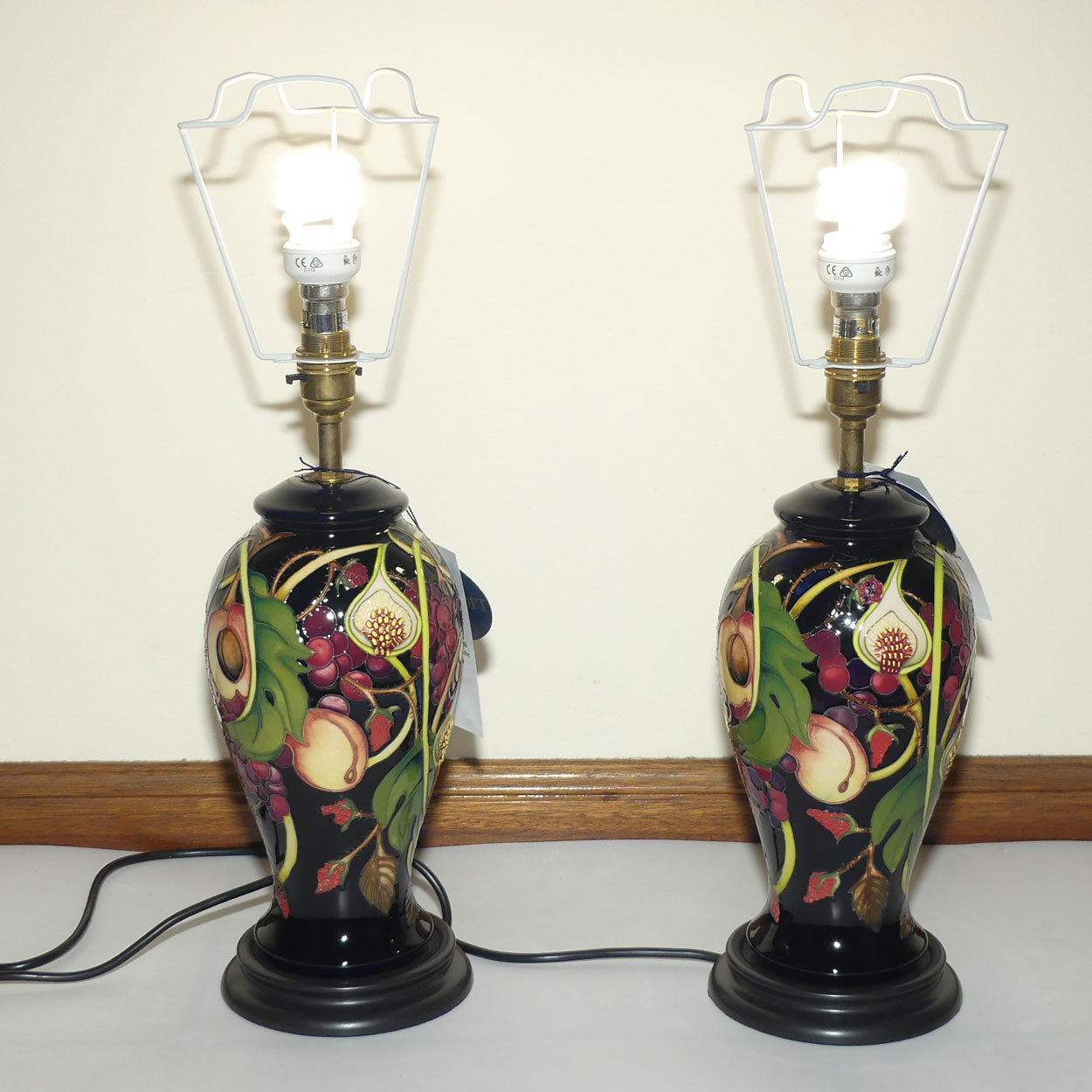 Moorcroft pair of Lamps and Silk Shades | Queens Choice pattern | Shape 46/10